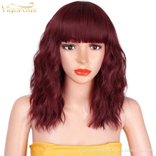 Vigorous wholesale cheap short wave burgundy color glueless synthetic hair wigs cosplay with bangs for black white women  hair